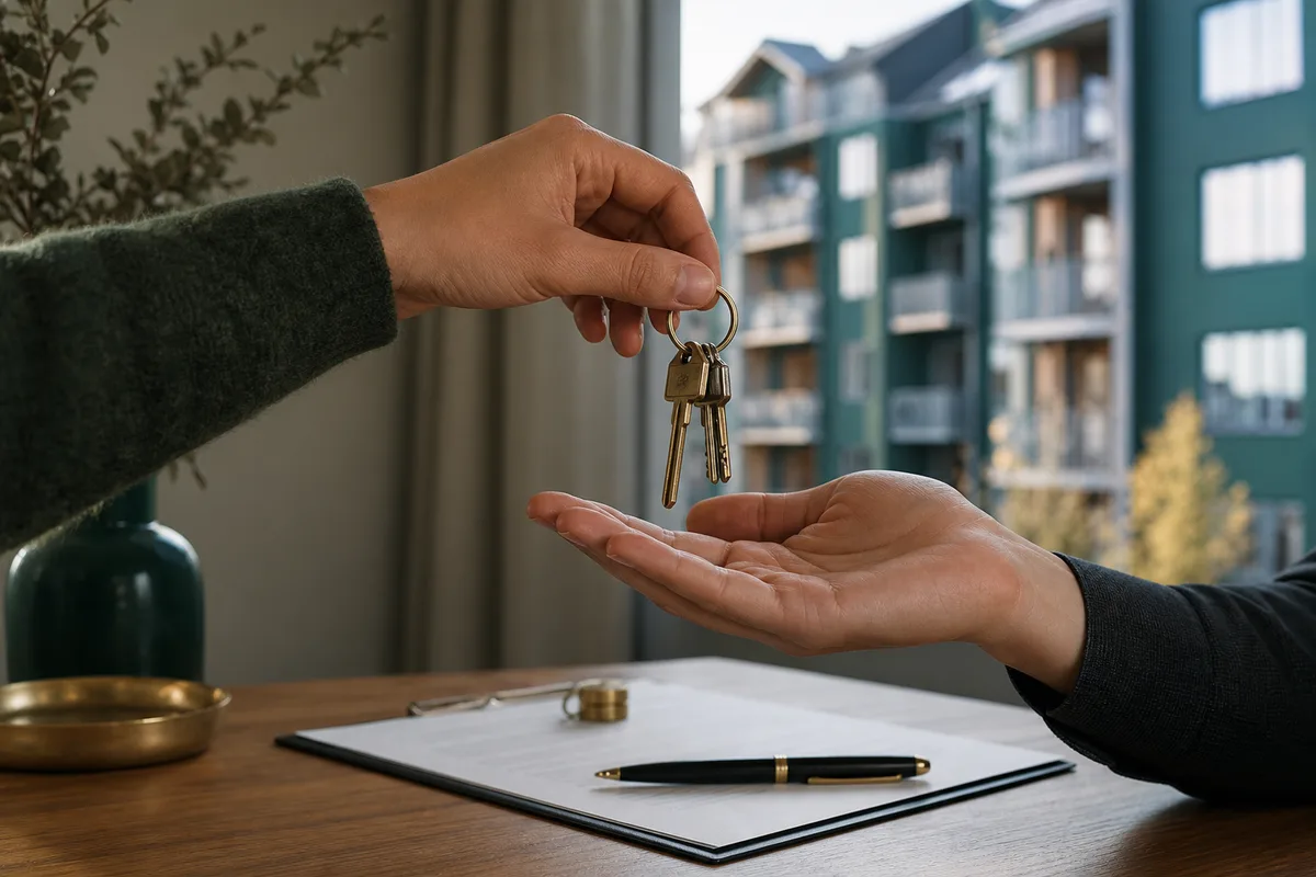 Keys handed from one hand to another over a signed agreement