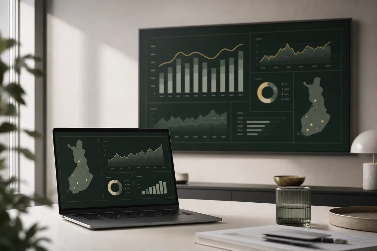 Portfolio analytics view: charts and a map of Finland with property locations